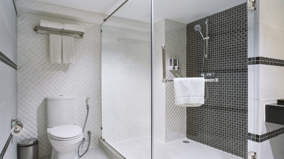 Concept of modern decoration design of bathroom with toilet and shower decorating with black and